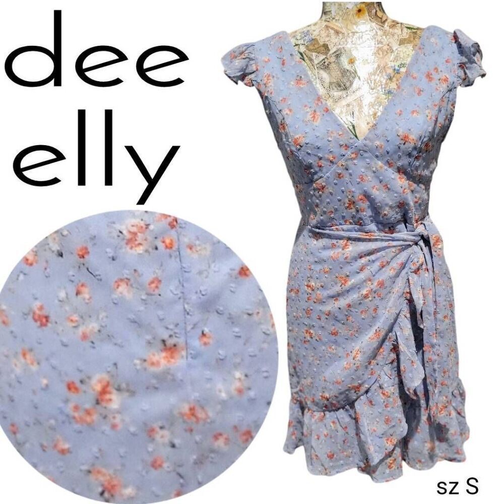 Dee Elly Blue Ditsy Floral Summer Ruffle Sleeves Girlcore Romantic Short Dress